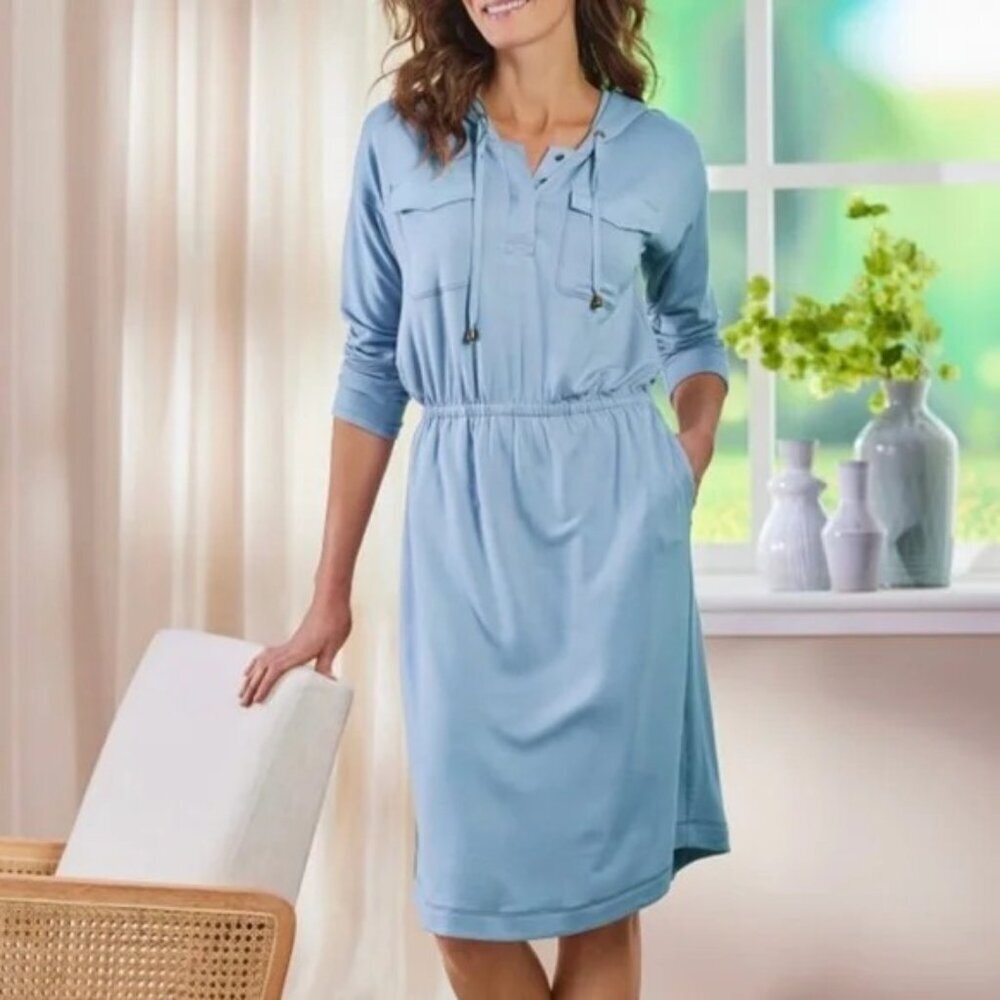 Soft Surroundings Reawaken Blue Dress Stretch Jersey Knit Hooded Pullover Size L